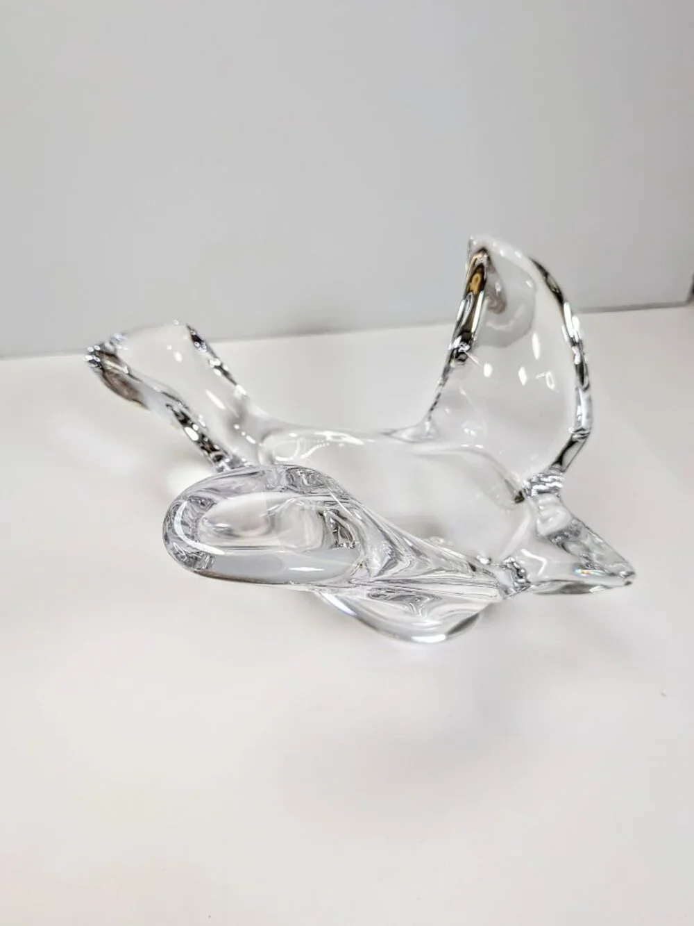 Vintage Clear Art Glass Bird Trinket Dish, Ring Holder, Wings Up Heavy Weight